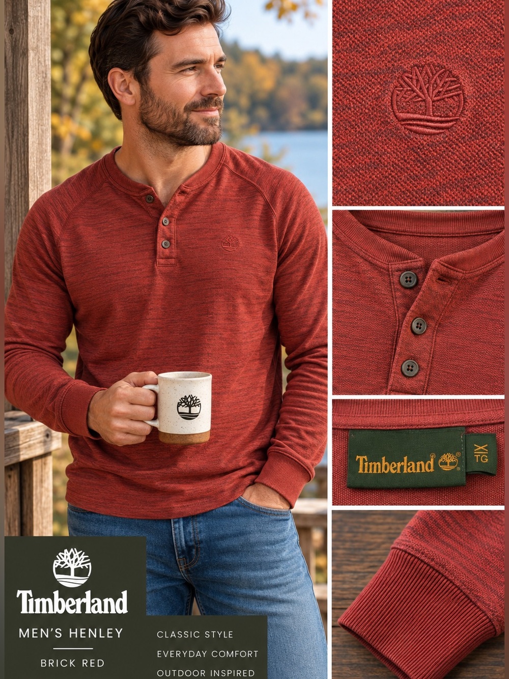 Timberland Menโs XL Brick Red Textured Henley Long Sleeve Shirt